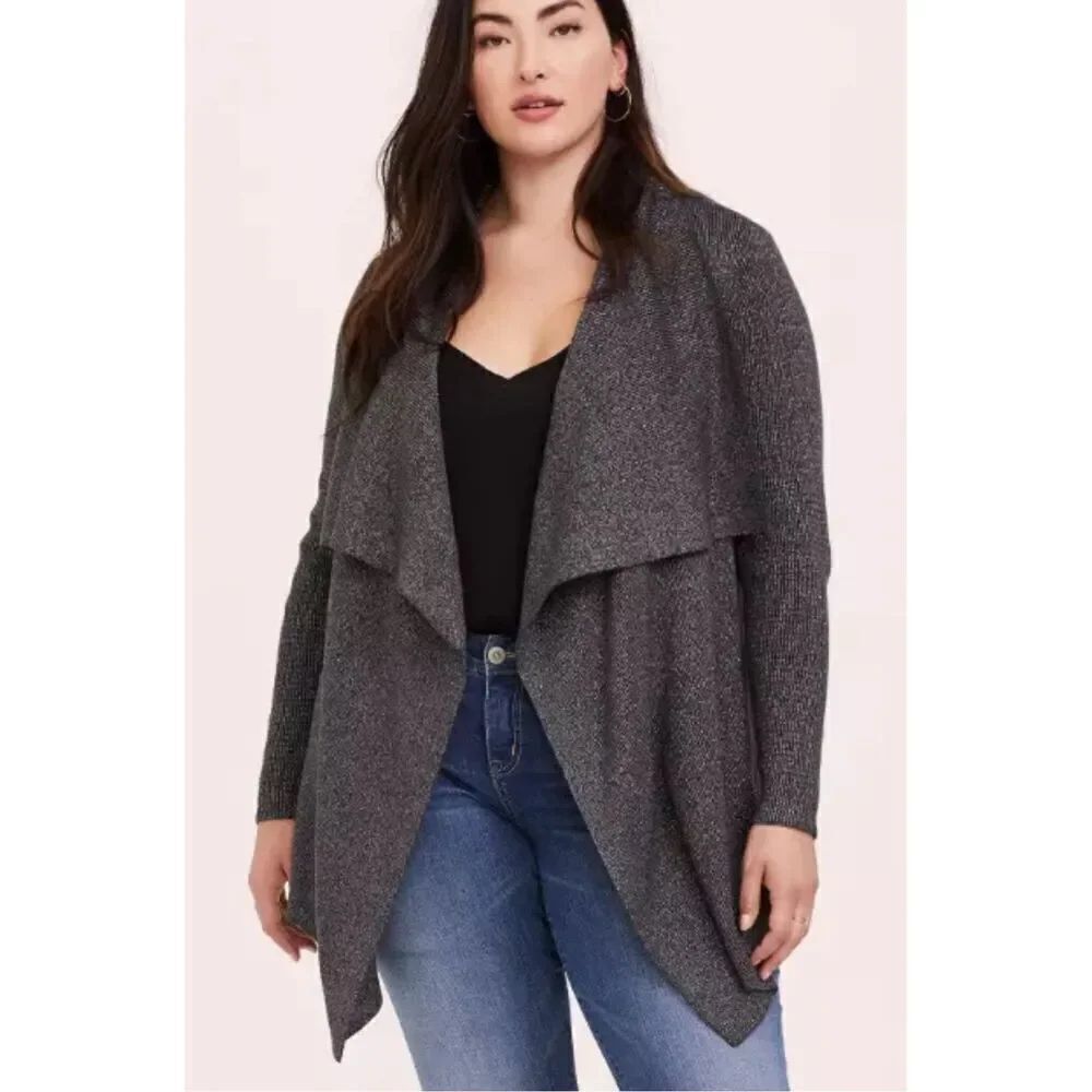 Torrid Gray Metallic Open Drape Front Cardigan Sweater Ribbed Long Line Size 1X